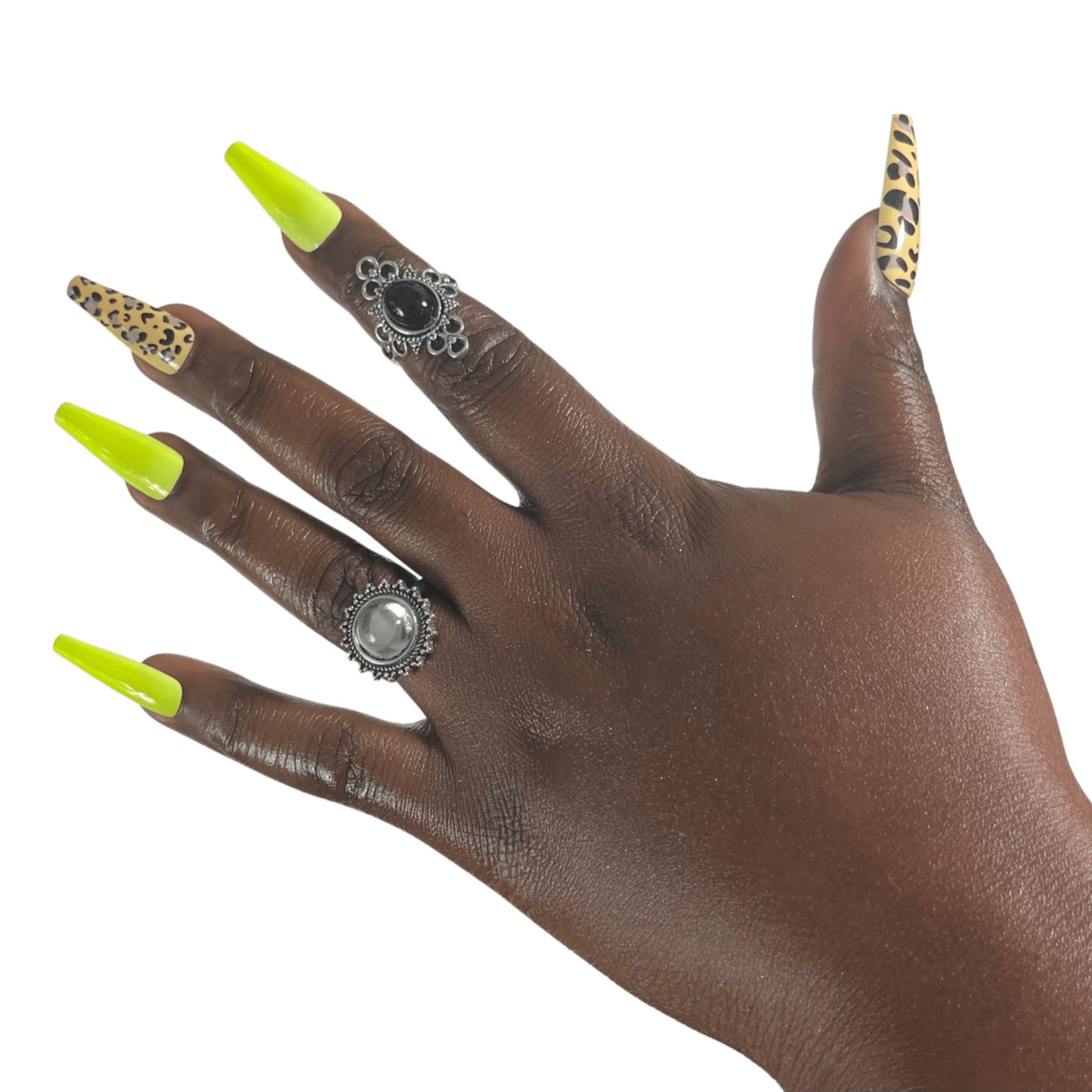 Model Wearing Casket Ready Beauty's Coffin-shaped long-length glossy solid neon yellow nails, with cheetah print decoration nails.