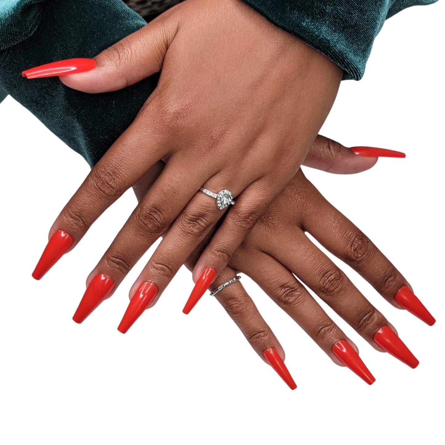 Model Wearing Casket Ready Beauty's Coffin-shaped long length glossy solid red nails.